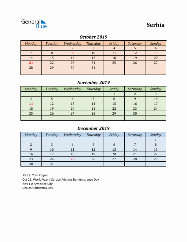 Q4 2019 Holiday Calendar - Serbia