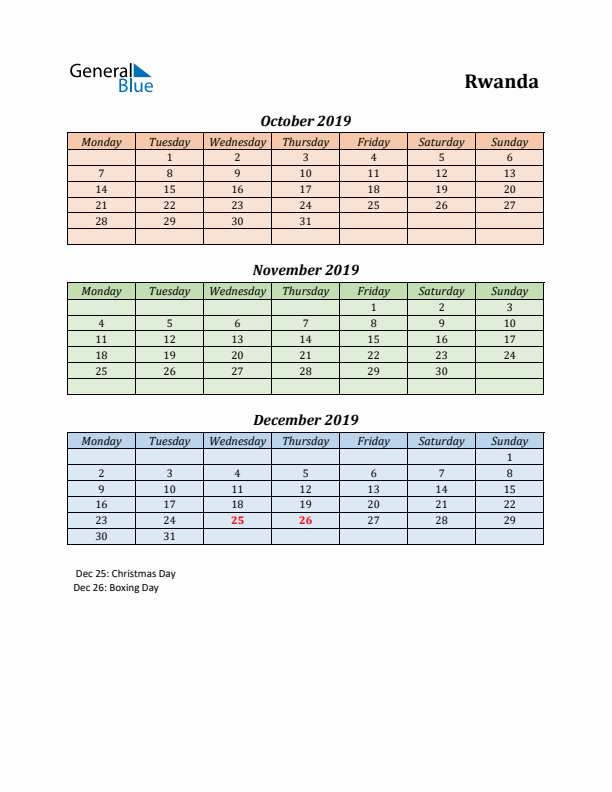 Q4 2019 Holiday Calendar - Rwanda