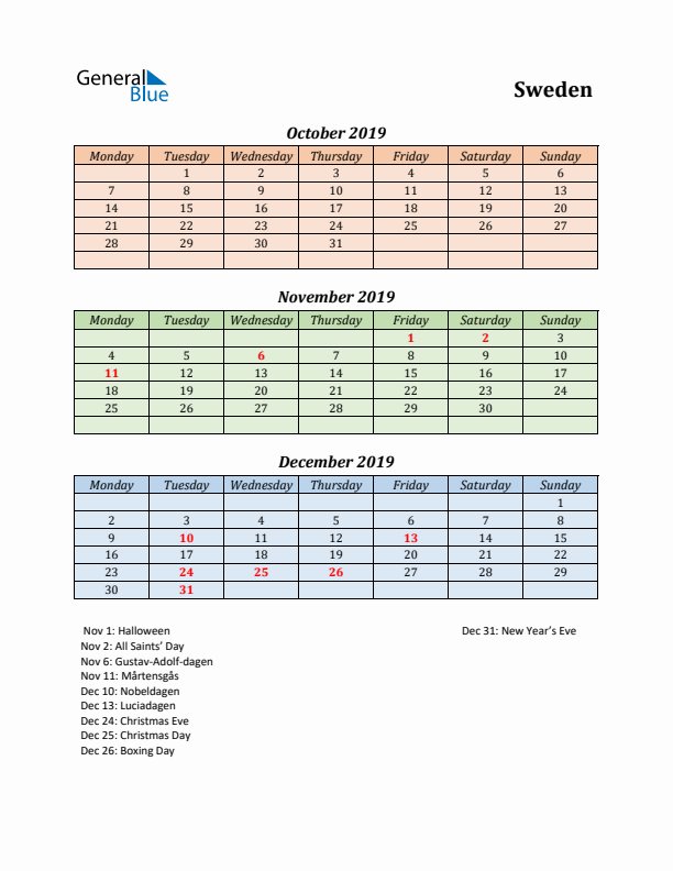 Q4 2019 Holiday Calendar - Sweden