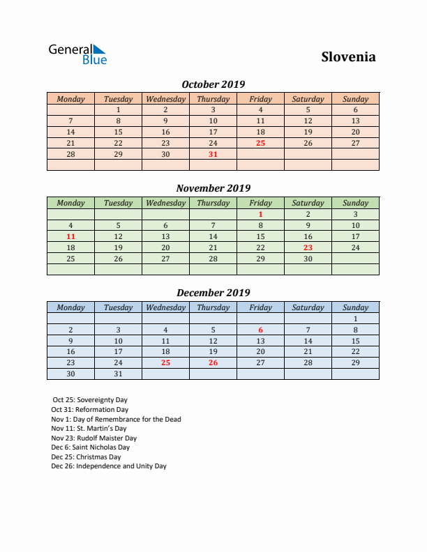 Q4 2019 Holiday Calendar - Slovenia