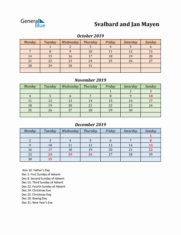 Q4 2019 Holiday Calendar - Svalbard and Jan Mayen