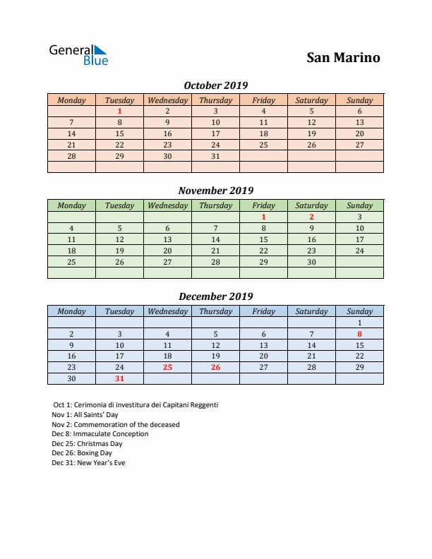 Q4 2019 Holiday Calendar - San Marino