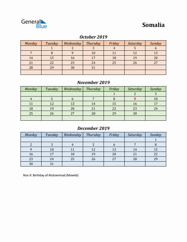 Q4 2019 Holiday Calendar - Somalia