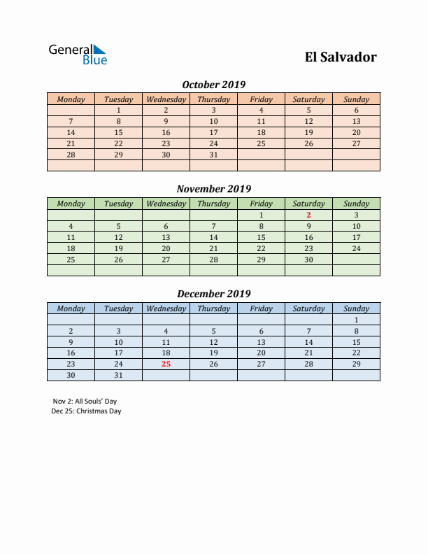 Q4 2019 Holiday Calendar - El Salvador