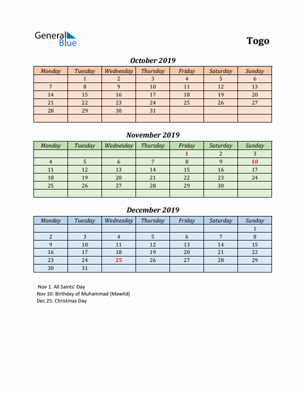 Q4 2019 Holiday Calendar - Togo