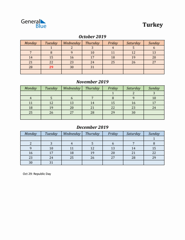 Q4 2019 Holiday Calendar - Turkey