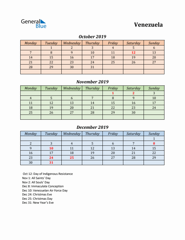 Q4 2019 Holiday Calendar - Venezuela