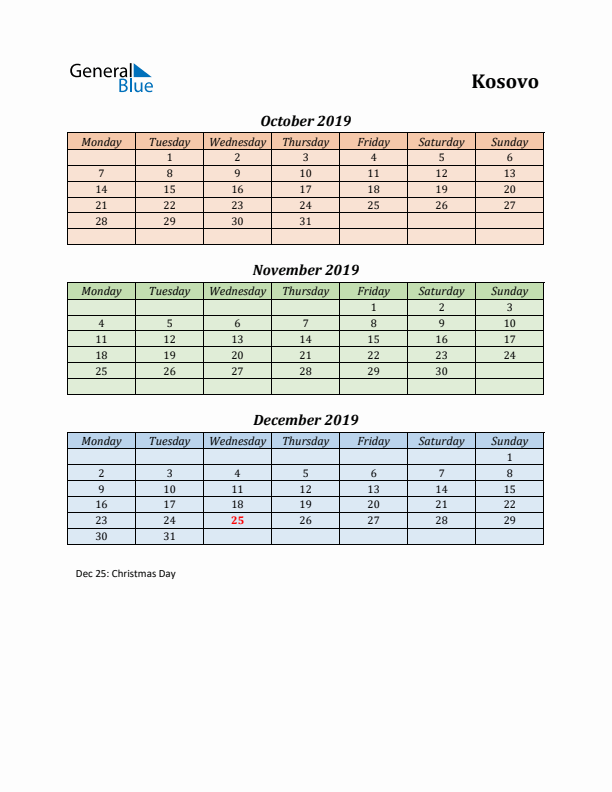 Q4 2019 Holiday Calendar - Kosovo