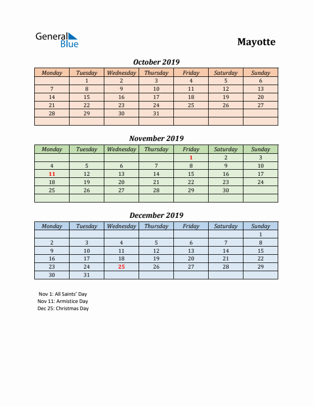 Q4 2019 Holiday Calendar - Mayotte