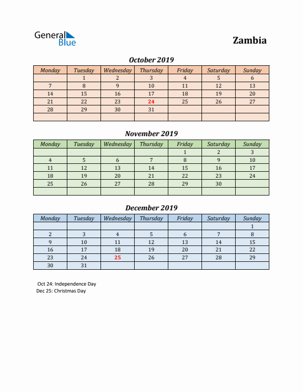 Q4 2019 Holiday Calendar - Zambia