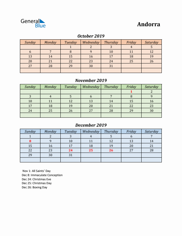 Q4 2019 Holiday Calendar - Andorra