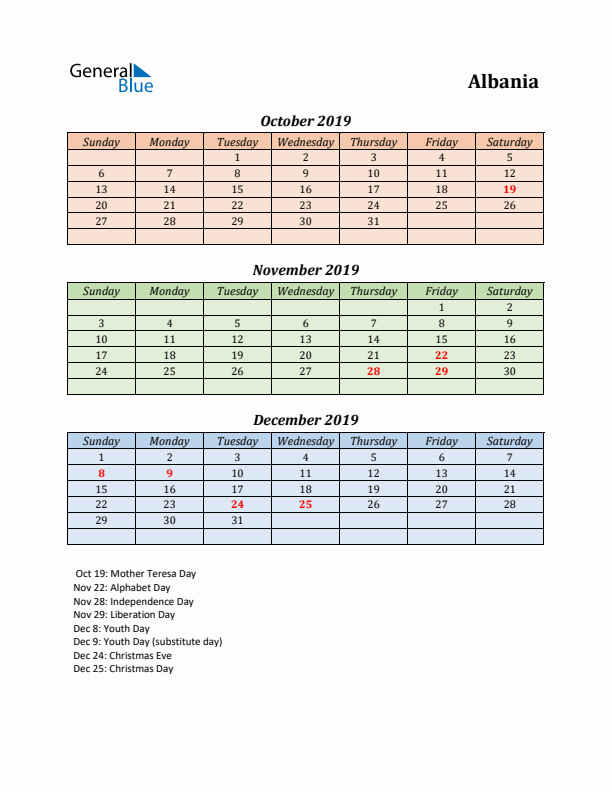 Q4 2019 Holiday Calendar - Albania