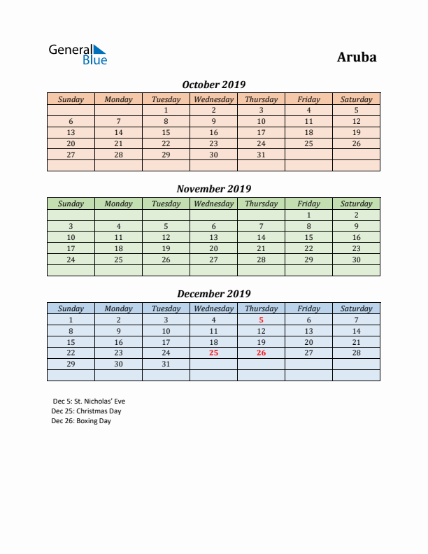 Q4 2019 Holiday Calendar - Aruba