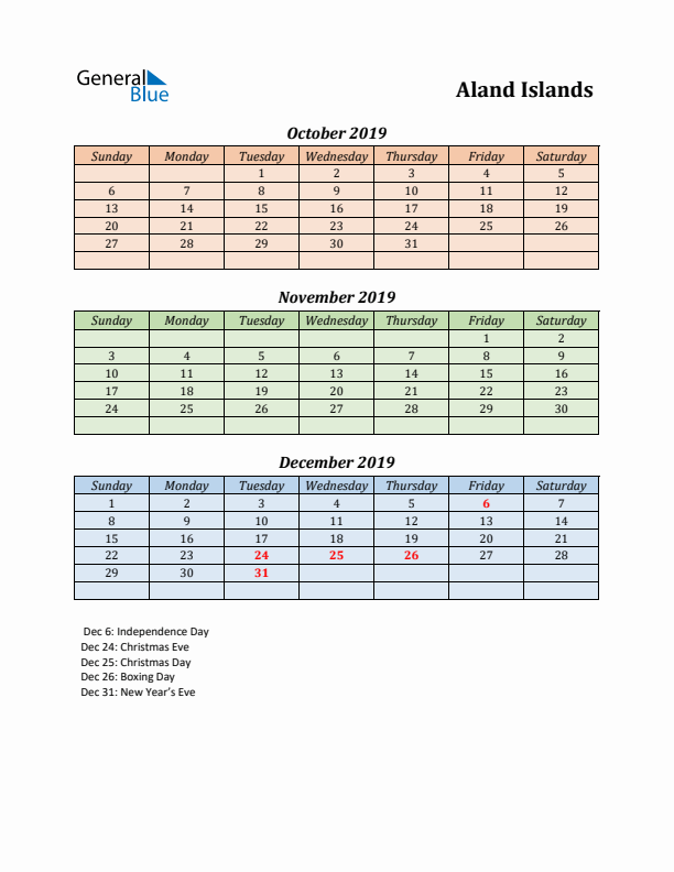 Q4 2019 Holiday Calendar - Aland Islands