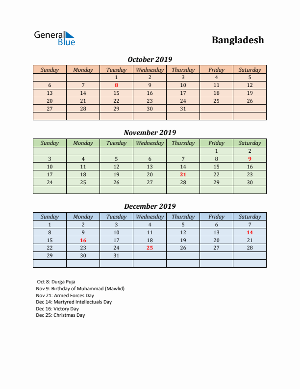 Q4 2019 Holiday Calendar - Bangladesh