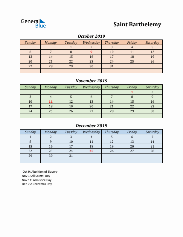 Q4 2019 Holiday Calendar - Saint Barthelemy