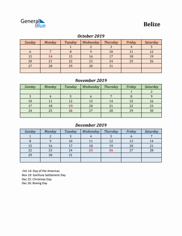 Q4 2019 Holiday Calendar - Belize