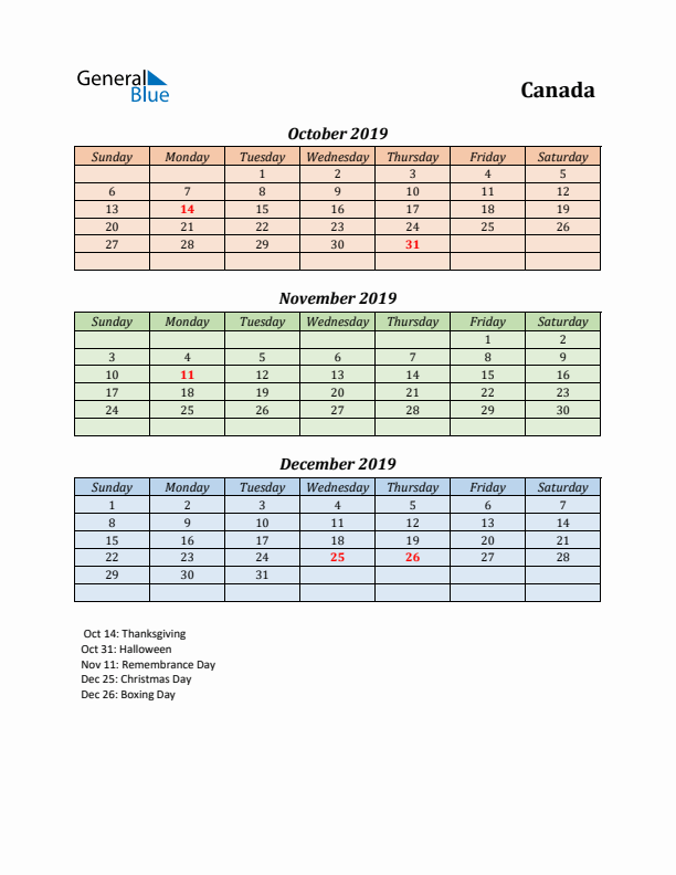 Q4 2019 Holiday Calendar - Canada