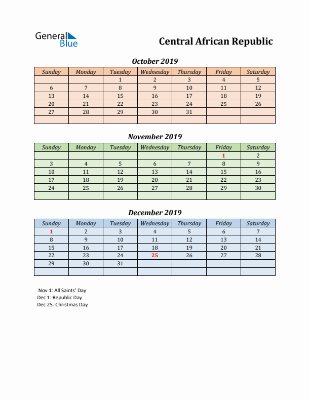 Q4 2019 Holiday Calendar - Central African Republic