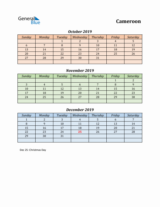 Q4 2019 Holiday Calendar - Cameroon