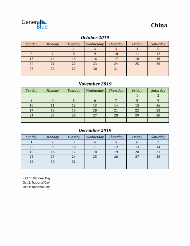 Q4 2019 Holiday Calendar - China