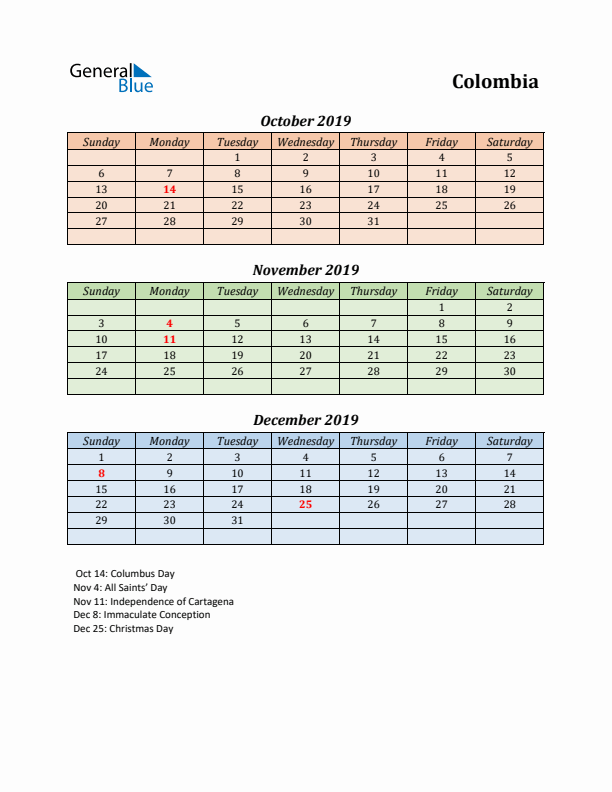 Q4 2019 Holiday Calendar - Colombia