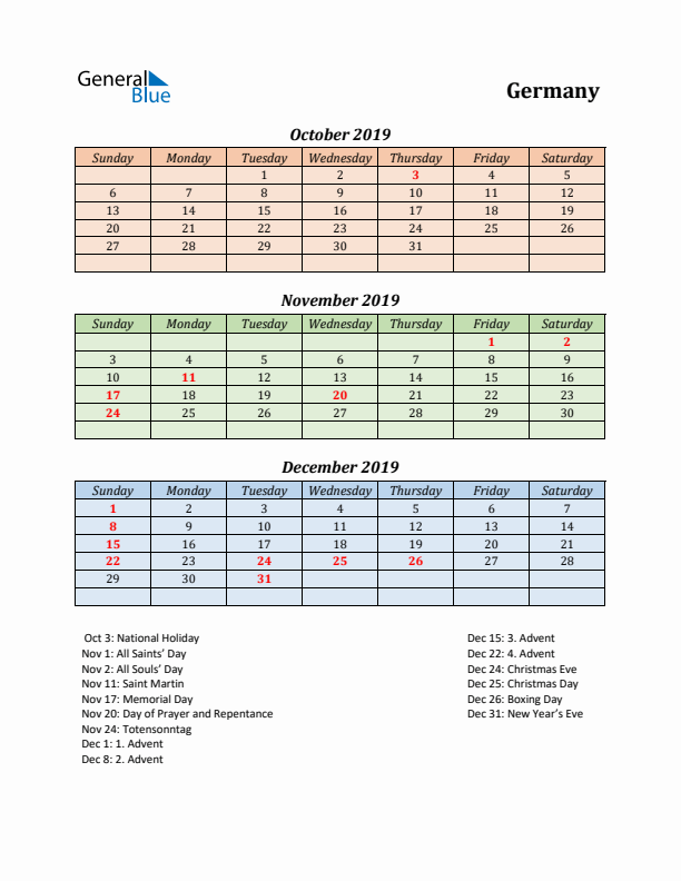 Q4 2019 Holiday Calendar - Germany