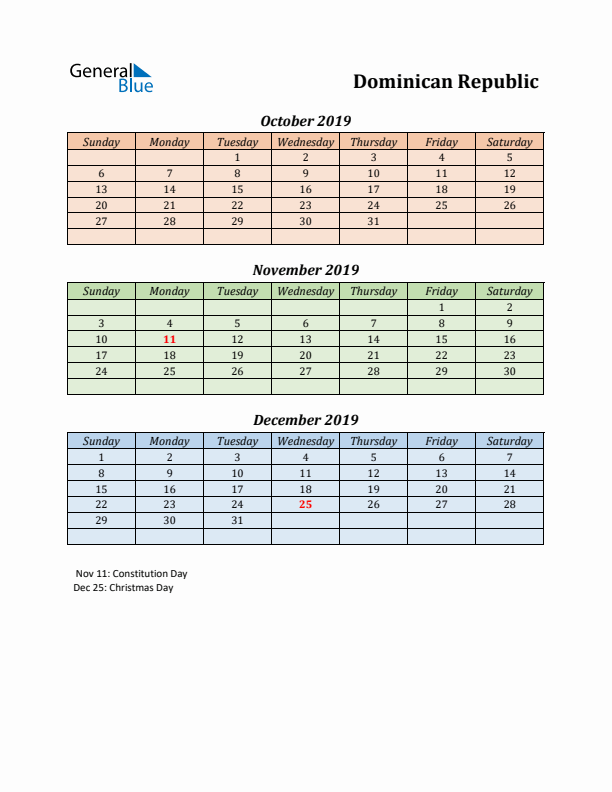 Q4 2019 Holiday Calendar - Dominican Republic