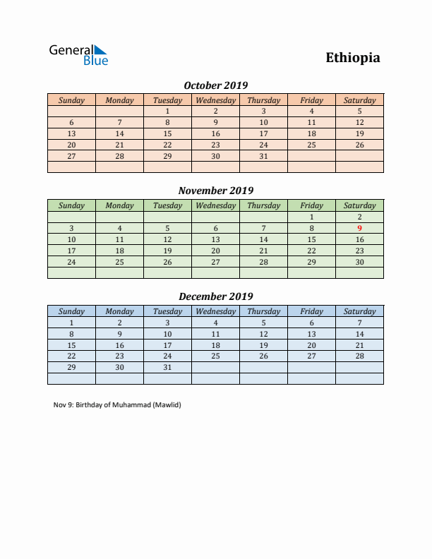 Q4 2019 Holiday Calendar - Ethiopia