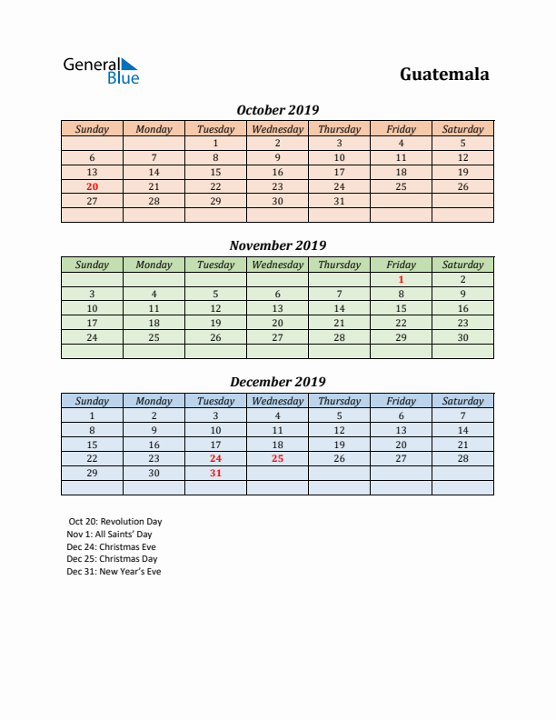 Q4 2019 Holiday Calendar - Guatemala