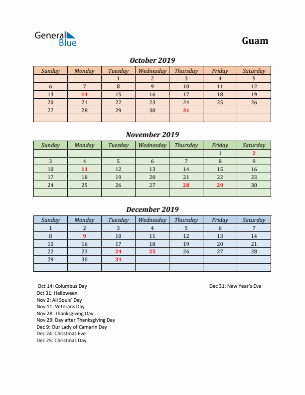 Q4 2019 Holiday Calendar - Guam