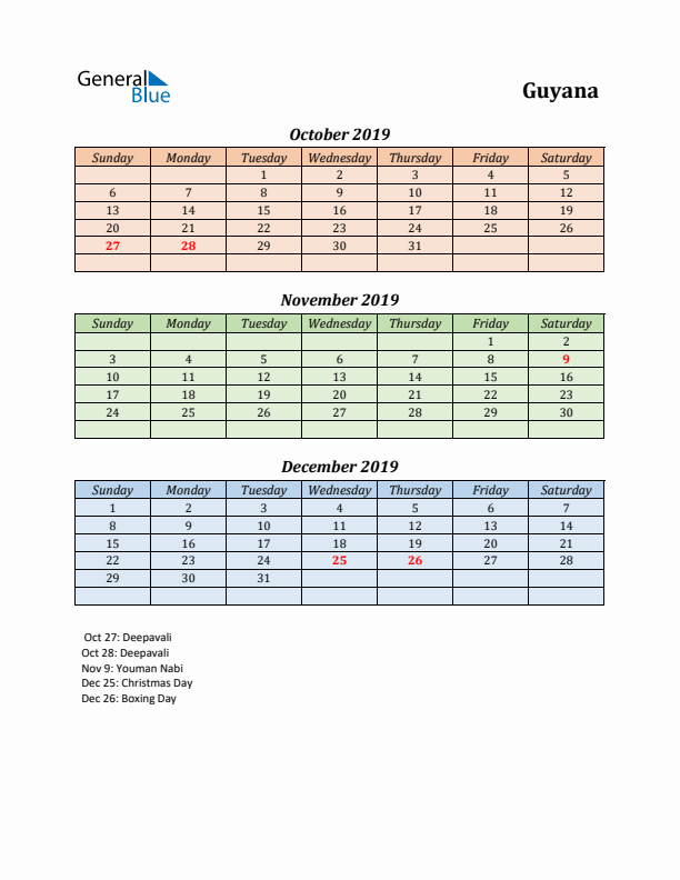 Q4 2019 Holiday Calendar - Guyana