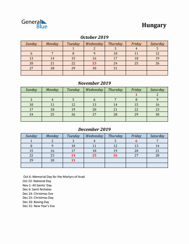 Q4 2019 Holiday Calendar - Hungary