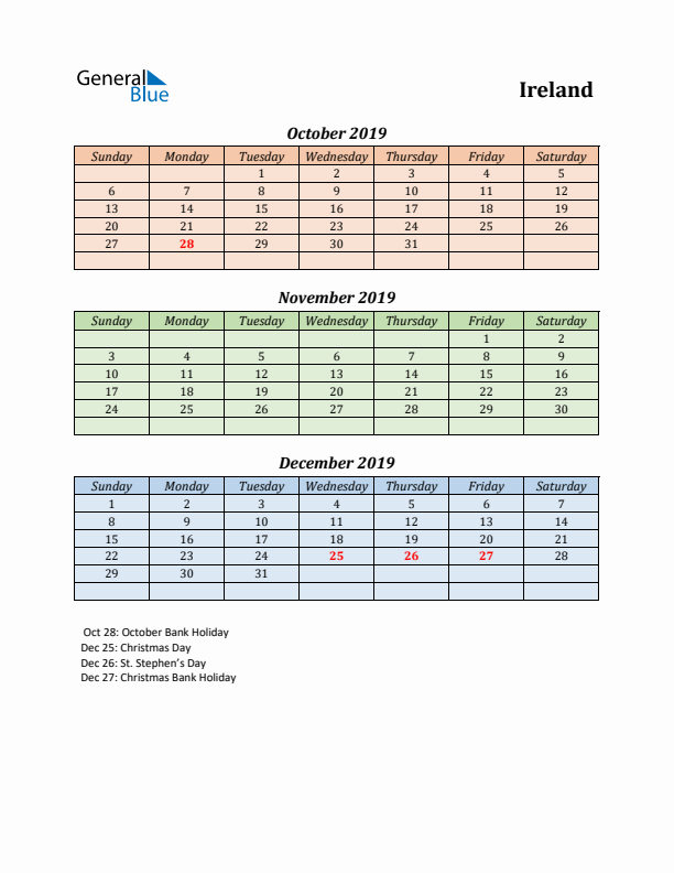 Q4 2019 Holiday Calendar - Ireland