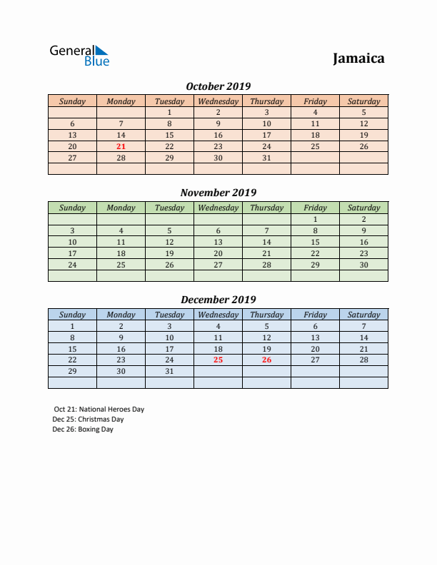 Q4 2019 Holiday Calendar - Jamaica