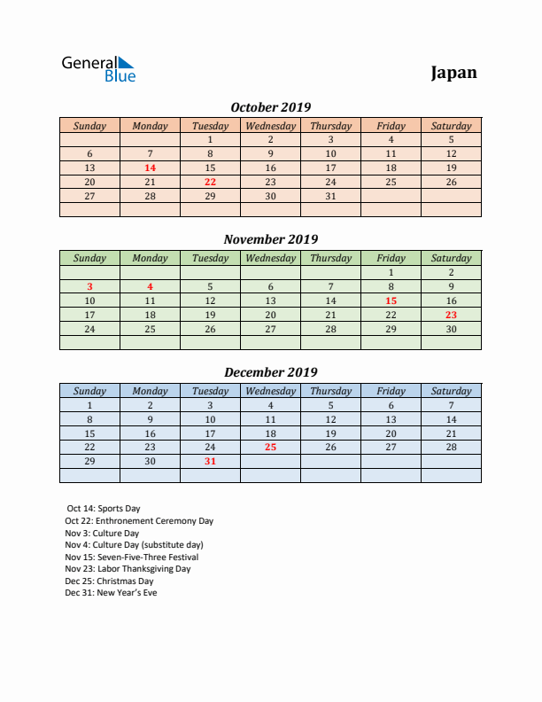 Q4 2019 Holiday Calendar - Japan