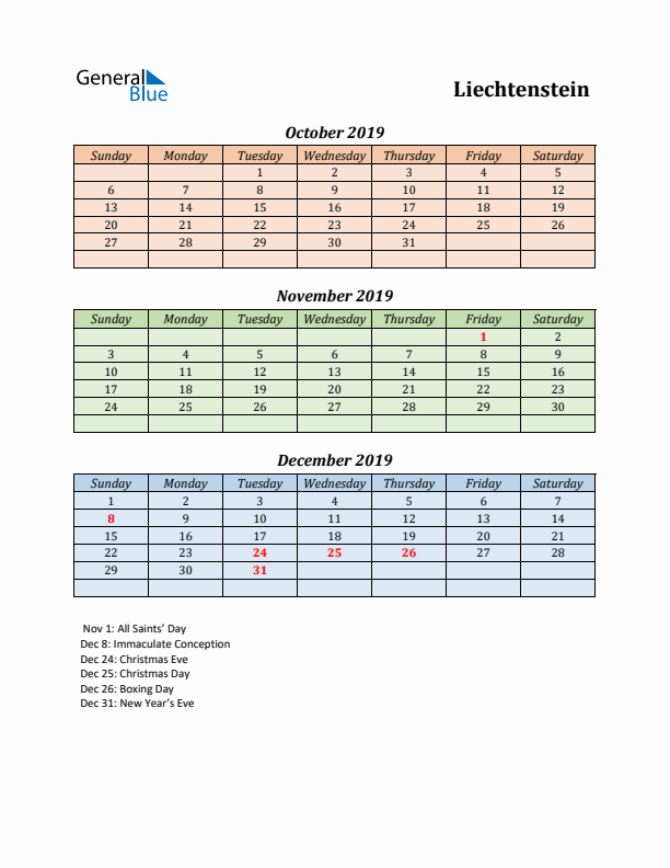 Q4 2019 Holiday Calendar - Liechtenstein