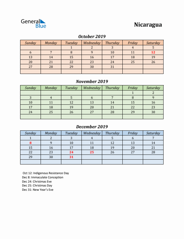 Q4 2019 Holiday Calendar - Nicaragua