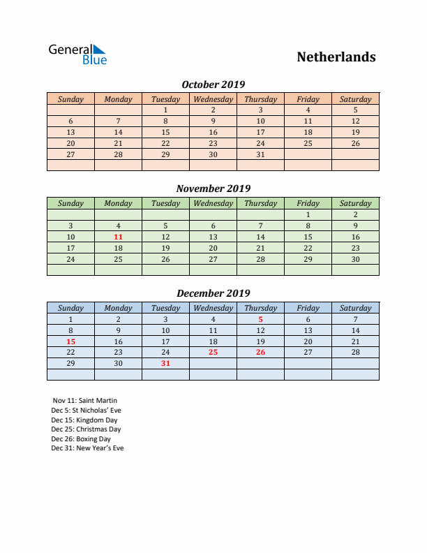 Q4 2019 Holiday Calendar - The Netherlands