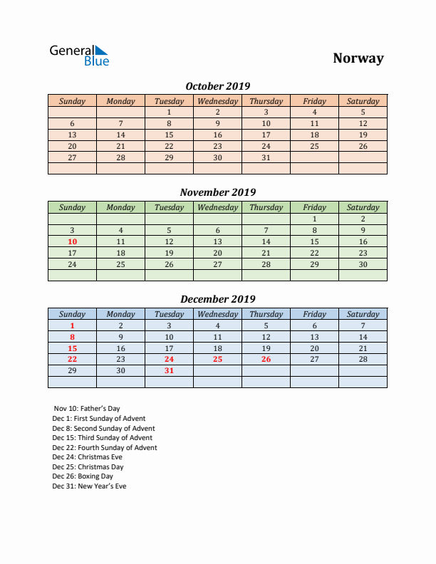 Q4 2019 Holiday Calendar - Norway