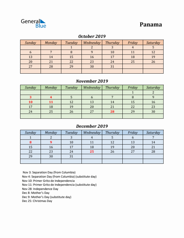 Q4 2019 Holiday Calendar - Panama