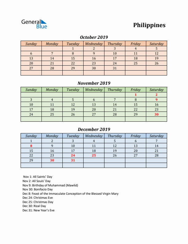 Q4 2019 Holiday Calendar - Philippines