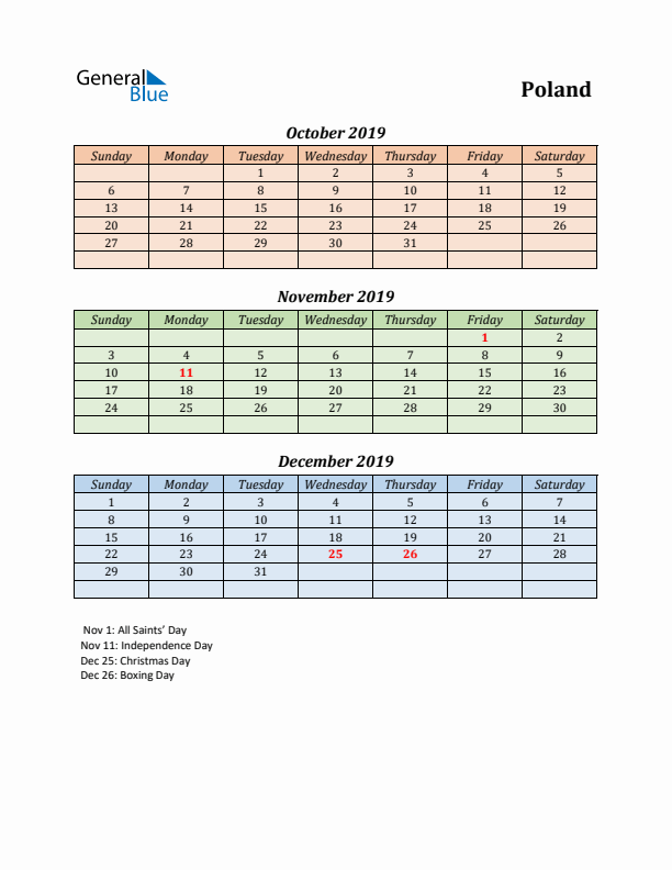 Q4 2019 Holiday Calendar - Poland