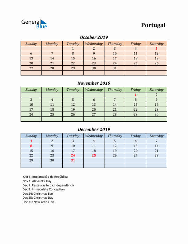 Q4 2019 Holiday Calendar - Portugal