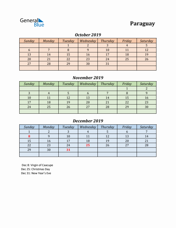 Q4 2019 Holiday Calendar - Paraguay