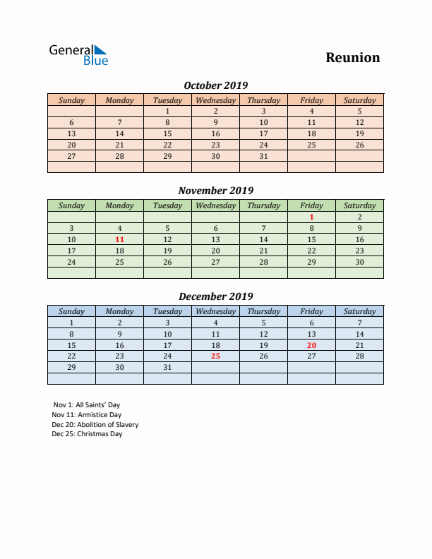 Q4 2019 Holiday Calendar - Reunion