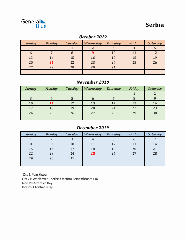 Q4 2019 Holiday Calendar - Serbia