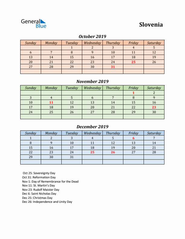 Q4 2019 Holiday Calendar - Slovenia