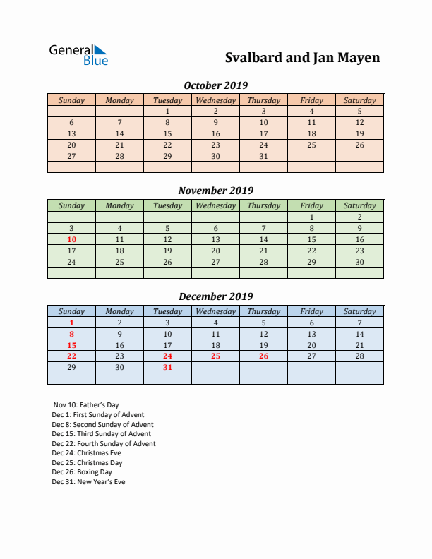 Q4 2019 Holiday Calendar - Svalbard and Jan Mayen