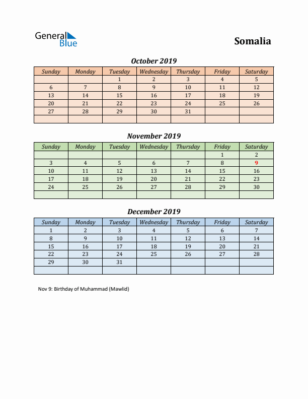 Q4 2019 Holiday Calendar - Somalia